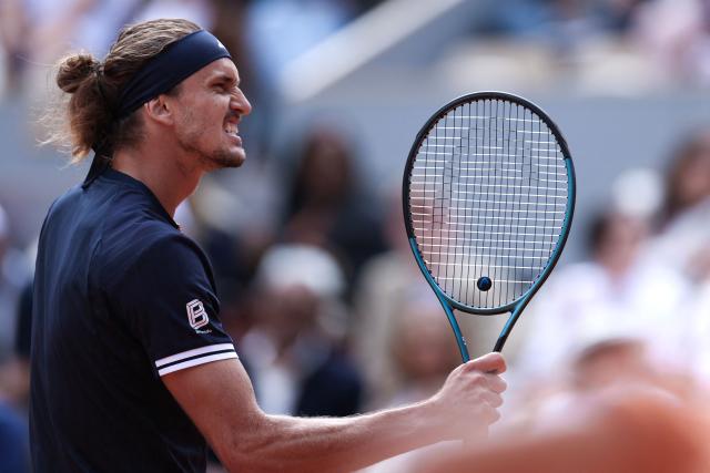 Germany's Alexander Zverev reacts after a point as he plays against Czech Republic's Jakub Mensik during their men's semi final singles match on day 13 of the French Open tennis tournament on Court Philippe-Chatrier at the Roland-Garros Complex in Paris on June 5, 2026. (Photo by Alain JOCARD / AFP)