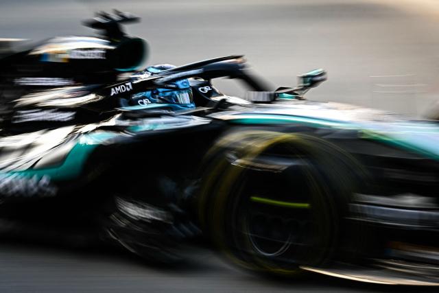 Mercedes' British driver George Russell takes part in the second practice session at the Monaco street circuit in Monaco, ahead of the Monaco Formula 1 Grand Prix, on June 5, 2026. (Photo by Gabriel BOUYS / AFP)