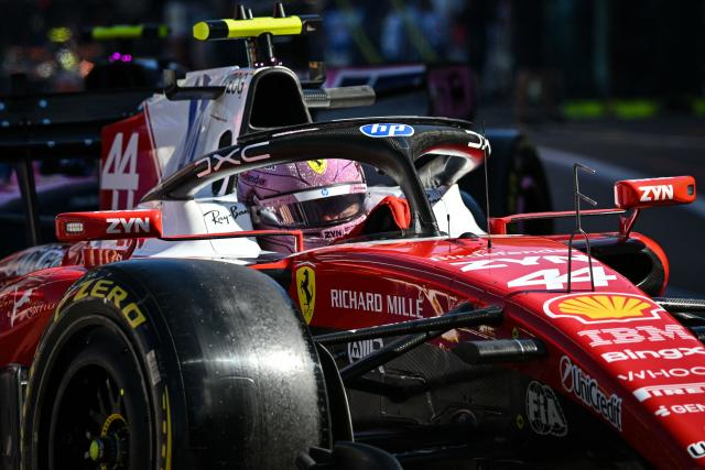 Ferrari's British driver Lewis Hamilton leaves the garage to take part in the second practice session at the Monaco street circuit in Monaco, ahead of the Monaco Formula 1 Grand Prix, on June 5, 2026. (Photo by Andrej ISAKOVIC / AFP)