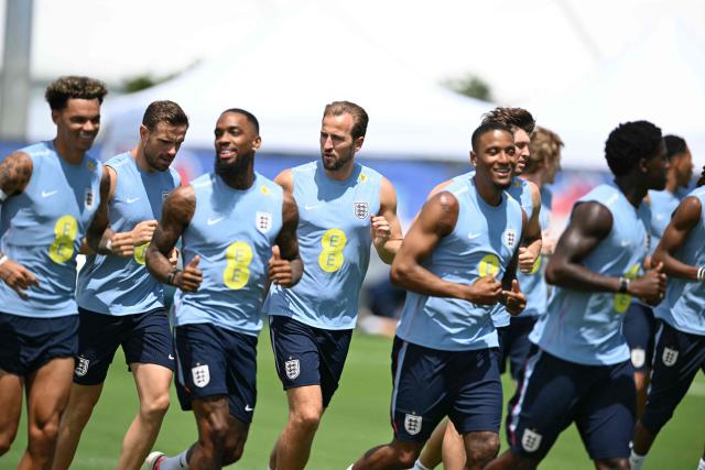 (L/R) England's Nico O'Reilly, Jordan Henderson, Ivan Toney, Harry Kane, and Ezri Konsa Ngoyo participate in a training session at The Gardens North County District Park in Palm Beach Gardens, Florida on June 5, 2026, the day before a friendly match against New Zealand. (Photo by CHANDAN KHANNA / AFP)