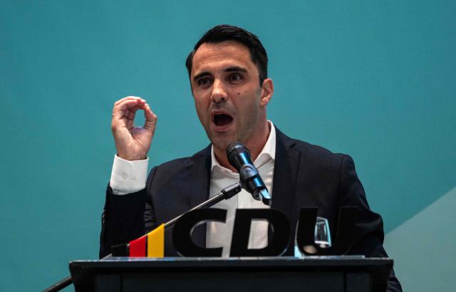 Leader of the Christian Democratic Union (CDU) in Mecklenburg–Western Pomerania and main candidate in upcoming state elections Daniel Peters addresses delegates at the 41st CDU Mecklenburg–Western Pomerania Party Congress in Linstow, on June 5, 2026. (Photo by John MACDOUGALL / AFP)