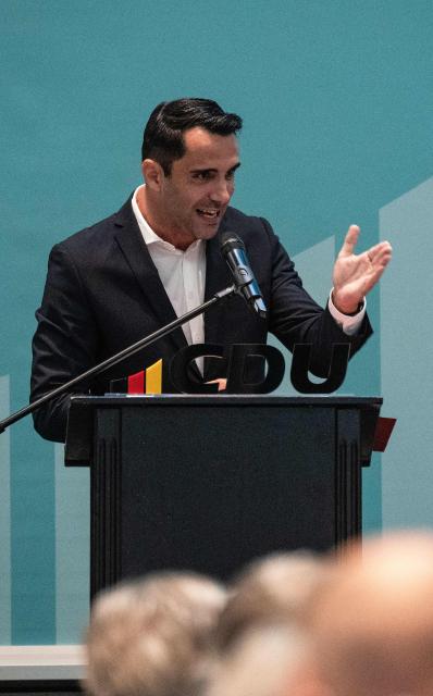 Leader of the Christian Democratic Union (CDU) in Mecklenburg–Western Pomerania and main candidate in upcoming state elections Daniel Peters addresses delegates at the 41st CDU Mecklenburg–Western Pomerania Party Congress in Linstow, on June 5, 2026. (Photo by John MACDOUGALL / AFP)