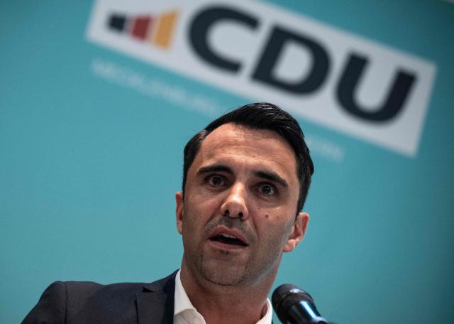 Leader of the Christian Democratic Union (CDU) in Mecklenburg–Western Pomerania and main candidate in upcoming state elections Daniel Peters addresses delegates at the 41st CDU Mecklenburg–Western Pomerania Party Congress in Linstow, on June 5, 2026. (Photo by John MACDOUGALL / AFP)