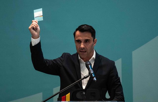 Leader of the Christian Democratic Union (CDU) in Mecklenburg–Western Pomerania and main candidate in upcoming state elections Daniel Peters votes at the 41st CDU Mecklenburg–Western Pomerania Party Congress in Linstow, on June 5, 2026. (Photo by John MACDOUGALL / AFP)