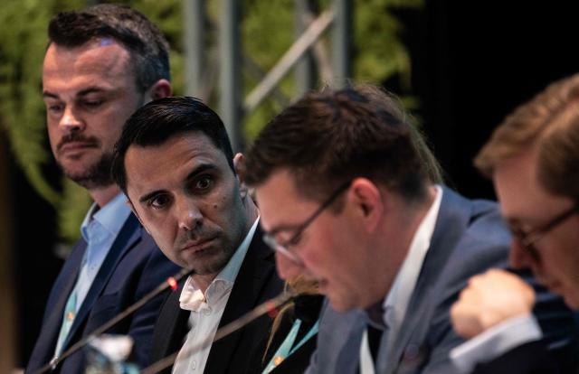 Leader of the Christian Democratic Union (CDU) in Mecklenburg–Western Pomerania and main candidate in upcoming state elections Daniel Peters (2nd from L) takes part in the 41st CDU Mecklenburg–Western Pomerania Party Congress in Linstow, on June 5, 2026. (Photo by John MACDOUGALL / AFP)