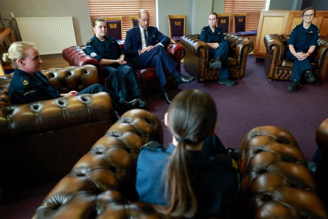 Britain's Prince William, Prince of Wales, meets a group of women of the Submarine Service in the Supermess at HM Naval Base Clyde on June 2, 2026 in Faslane, Scotland. Prince Wlliam, Prince of Wales, of Wales, Commodore-in-Chief of the Submarine Service, visited HM Naval Base Clyde (also known as Faslane) to mark the 125th anniversary of the Royal Navy's Submarine Service. (Photo by Jeff J Mitchell / POOL / AFP)