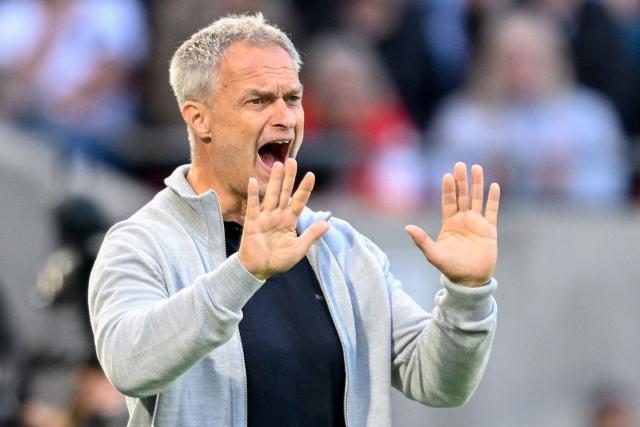 Germany's head coach Christian Wueck reacts from the sidelines during the Women's FIFA World Cup qualifying football match between Germany and Norway in Cologne, western Germany on June 5, 2026. (Photo by INA FASSBENDER / AFP)