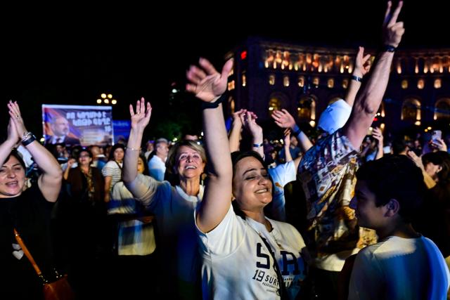 Supporters of Armenian Prime Minister Nikol Pashinyan's Civil Contract party rally in central Yerevan on June 5, 2026, days ahead of the parliamentary elections. (Photo by Karen MINASYAN / AFP)