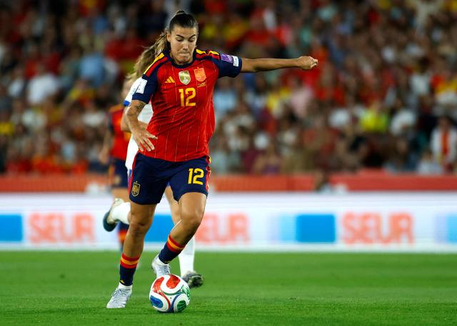 Spain's midfielder #12 Patri Guijarro scores the opening goal during the FIFA Women's World Cup Europe Zone Qualifiers, group C, football match between Spain and England at Mallorca Son Moix Stadium in Palma de Mallorca, on June 5, 2026. (Photo by JAIME REINA / AFP)