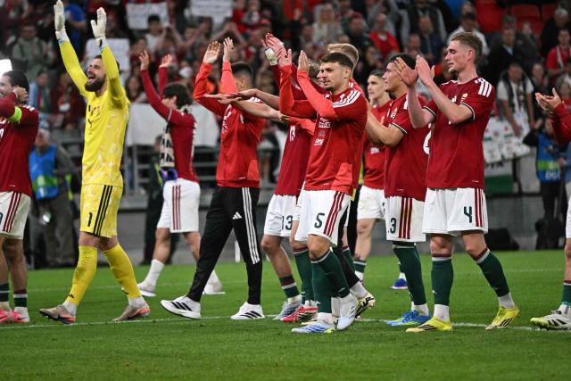Hungarian players celebrate after the friendly football match between Hungary and Finland at the Puskas Arana in Budapest on June 5, 2026. (Photo by Attila KISBENEDEK / AFP)
