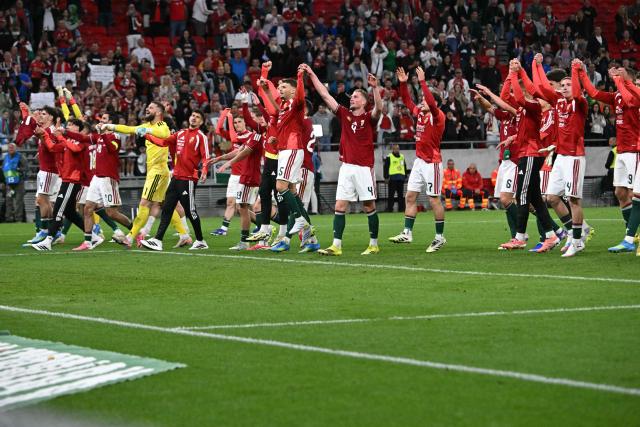 Hungarian players celebrate after the friendly football match between Hungary and Finland at the Puskas Arana in Budapest on June 5, 2026. (Photo by Attila KISBENEDEK / AFP)