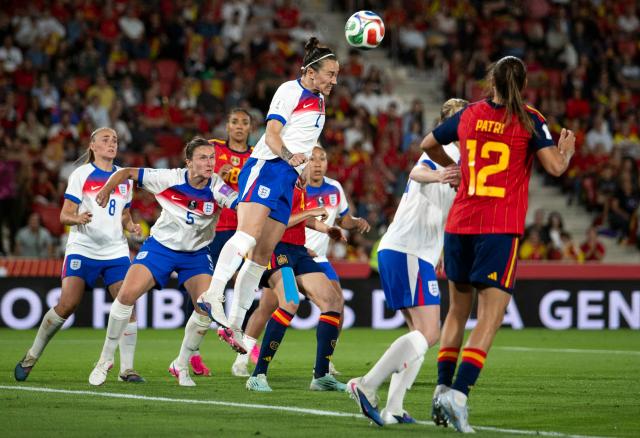 England's defender #02 Lucy Bronze heads the ball during the FIFA Women's World Cup Europe Zone Qualifiers, group C, football match between Spain and England at Mallorca Son Moix Stadium in Palma de Mallorca, on June 5, 2026. (Photo by JAIME REINA / AFP)