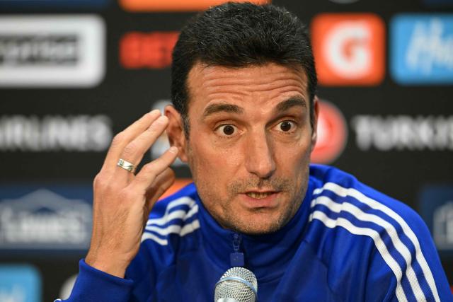 Argentina's head coach Lionel Scaloni speaks during a press conference at Kyle Field in College Station, Texas, on June 5, 2026, the day before a friendly match against Honduras. (Photo by RONALDO SCHEMIDT / AFP)