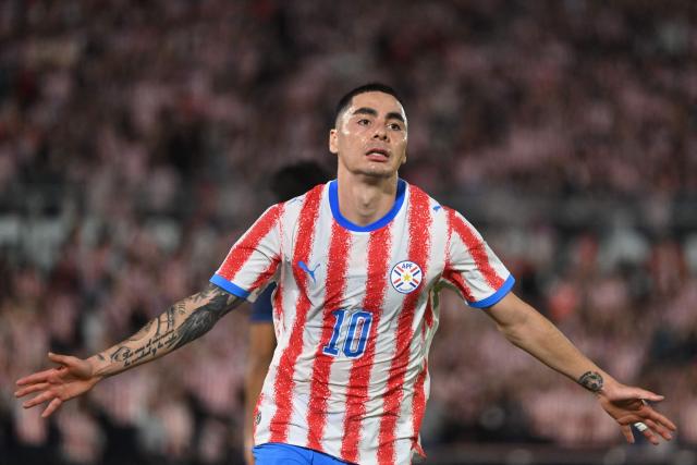 Paraguay's forward #10 Miguel Almiron celebrates scoring his team's first goal during the international friendly football match between Paraguay and Nicaragua at the Defensores del Chaco Stadium in Asuncion on June 5, 2026. (Photo by Daniel DUARTE / AFP)