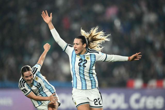 Argentina's forward #22 Mercedez Diz celebrates with her teammate Argentina's forward #19 Agostina Holzheier after scoring a goal during the CONMEBOL Nations League Women football match between Argentina and Peru at the Florencio Sola stadium in Buenos Aires on June 5, 2026. (Photo by Luis ROBAYO / AFP)