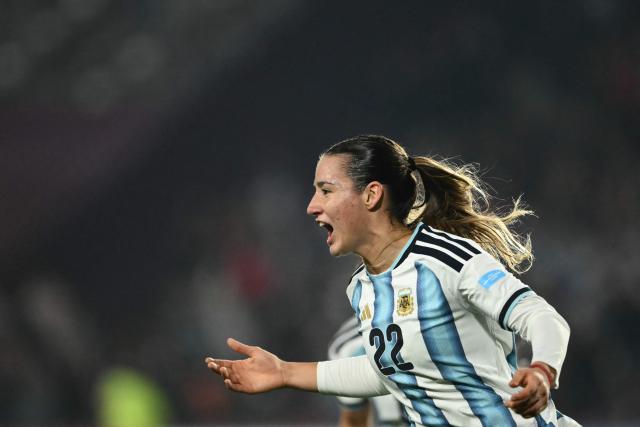 Argentina's forward #22 Mercedez Diz celebrates after scoring a goal during the CONMEBOL Nations League Women football match between Argentina and Peru at the Florencio Sola stadium in Buenos Aires on June 5, 2026. (Photo by Luis ROBAYO / AFP)