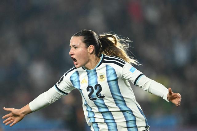 Argentina's forward #22 Mercedez Diz celebrates after scoring a goal during the CONMEBOL Nations League Women football match between Argentina and Peru at the Florencio Sola stadium in Buenos Aires on June 5, 2026. (Photo by Luis ROBAYO / AFP)