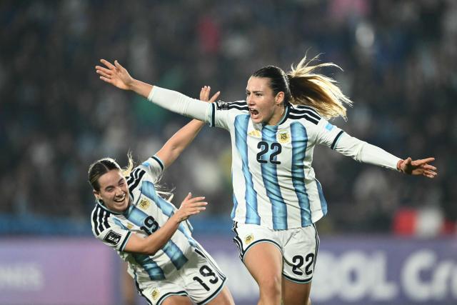 Argentina's forward #22 Mercedez Diz celebrates with her teammate Argentina's forward #19 Agostina Holzheier after scoring a goal during the CONMEBOL Nations League Women football match between Argentina and Peru at the Florencio Sola stadium in Buenos Aires on June 5, 2026. (Photo by Luis ROBAYO / AFP)