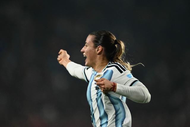 Argentina's forward #22 Mercedez Diz celebrates after scoring a goal during the CONMEBOL Nations League Women football match between Argentina and Peru at the Florencio Sola stadium in Buenos Aires on June 5, 2026. (Photo by Luis ROBAYO / AFP)