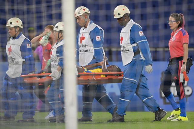 Colombia's forward #18 Linda Caicedo sustains an injury during the CONMEBOL Nations League Women football match between Colombia and Uruguay at the Pascual Guerrero stadium in Cali, Valle del Cauca department, Colombia on June 5, 2026. (Photo by JOAQUIN SARMIENTO / AFP)