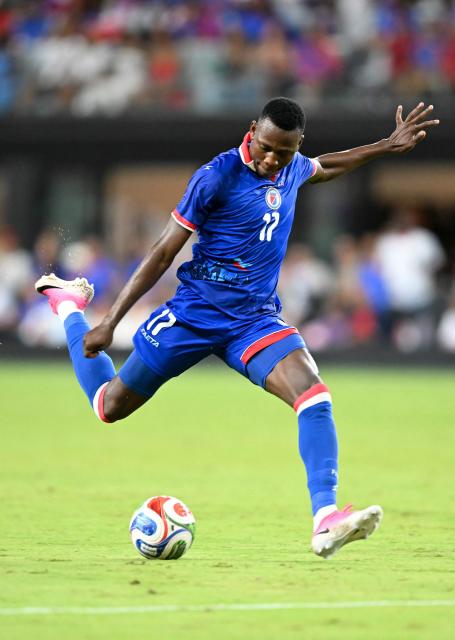Haiti's midfielder #17 Danley Jean Jacques takes a failed shot on goal during the international friendly football match between Haiti and Peru at Nu Stadium in Miami, Florida on June 5, 2026. (Photo by CHANDAN KHANNA / AFP)