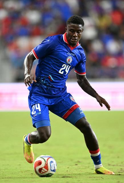 Haiti's defender #24 Wilguens Paugain controls the ball during the international friendly football match between Haiti and Peru at Nu Stadium in Miami, Florida on June 5, 2026. (Photo by CHANDAN KHANNA / AFP)