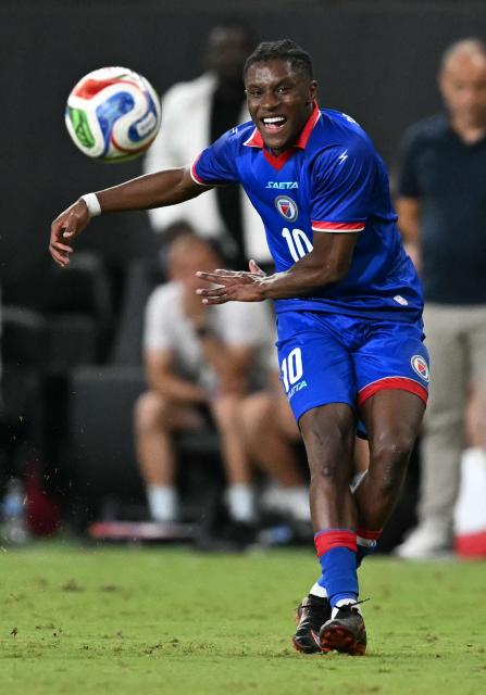 Haiti's midfielder #10 Jean-Ricner Bellegarde vies for the ball during the international friendly football match between Haiti and Peru at Nu Stadium in Miami, Florida on June 5, 2026. (Photo by CHANDAN KHANNA / AFP)