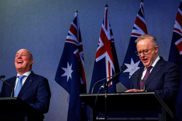 New Zealand's Prime Minister Christopher Luxon (L) and Australia's Prime Minister Anthony Albanese hold a press conference following the annual Australia–New Zealand Leaders' Meeting in Noosa on June 6, 2026. (Photo by Patrick HAMILTON / AFP)