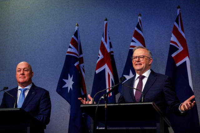 New Zealand's Prime Minister Christopher Luxon (L) and Australia's Prime Minister Anthony Albanese hold a press conference following the annual Australia–New Zealand Leaders' Meeting in Noosa on June 6, 2026. (Photo by Patrick HAMILTON / AFP)
