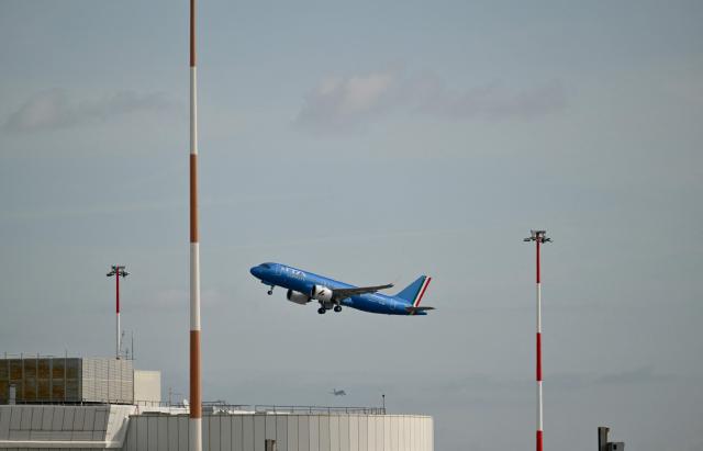 The plane carrying Pope Leo XIV heading to Madrid takes off at Rome's Fiumicino airport, on June 6, 2026. Pope Leo XIV is visiting Spain June 6-12 with stops in Madrid, Barcelona, and the Canary Islands, where he will meet with migrants and organisations dedicated to helping them. (Photo by Alberto PIZZOLI / AFP)
