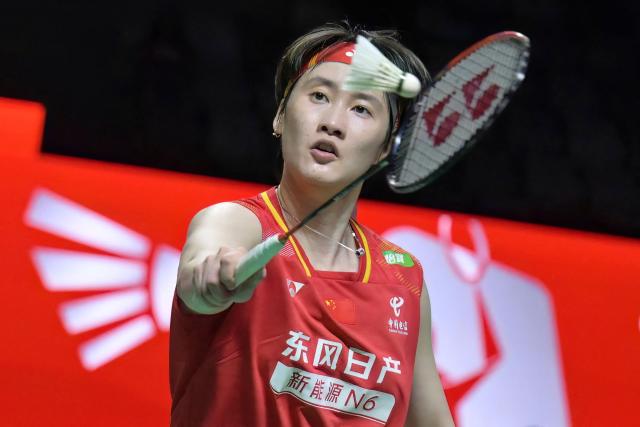 China’s Chen Yufei hits a return against South Korea’s An Se-young during their women's singles semi-final match at the Indonesia Open badminton tournament in Jakarta on June 6, 2026. (Photo by BAY ISMOYO / AFP)