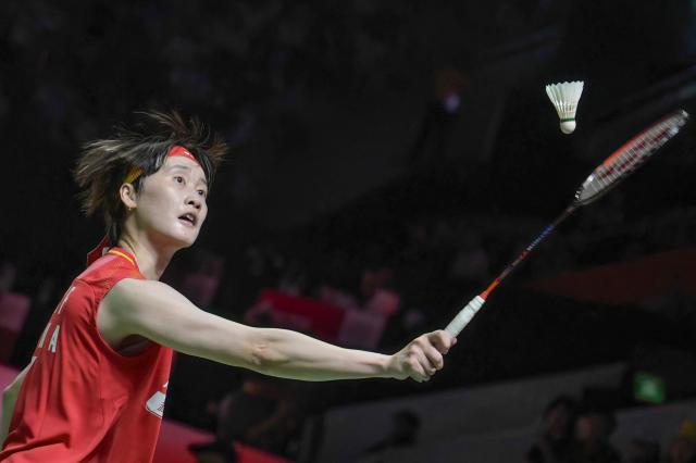 China’s Chen Yufei hits a return against South Korea’s An Se-young during their women's singles semi-final match at the Indonesia Open badminton tournament in Jakarta on June 6, 2026. (Photo by BAY ISMOYO / AFP)