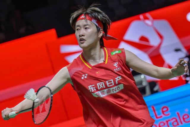 China’s Chen Yufei hits a return against South Korea’s An Se-young during their women's singles semi-final match at the Indonesia Open badminton tournament in Jakarta on June 6, 2026. (Photo by BAY ISMOYO / AFP)