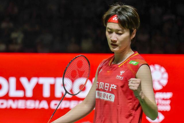 China’s Chen Yufei reacts on a point against South Korea’s An Se-young during their women's singles semi-final match at the Indonesia Open badminton tournament in Jakarta on June 6, 2026. (Photo by BAY ISMOYO / AFP)