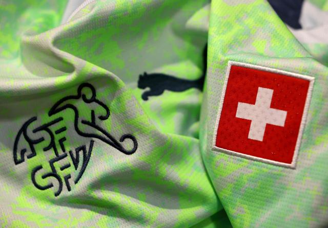 A jersey of Swiss national football team for the FIFA 2026 World Cup football tournament is displayed in Paris on June 5, 2026. (Photo by FRANCK FIFE / AFP)