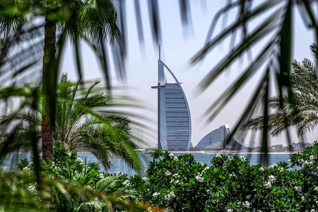 The Burj al-Arab hotel complex is pictured in Dubai on June 6, 2026. (Photo by FADEL SENNA / AFP)