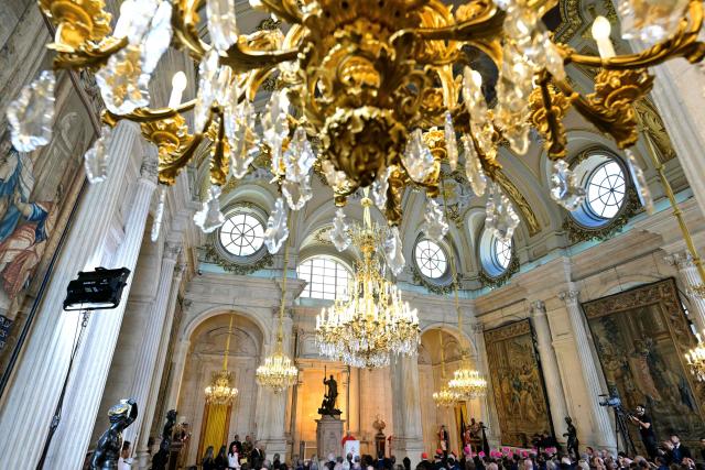 Pope Leo XIV speaks to the diplomatic community during a welcome ceremony at the Royal Palace in Madrid on June 6, 2026. Pope Leo XIV is visiting Spain June 6-12 with stops in Madrid, Barcelona, and the Canary Islands, where he will meet with migrants and organisations dedicated to helping them. (Photo by Stefano RELLANDINI / AFP)