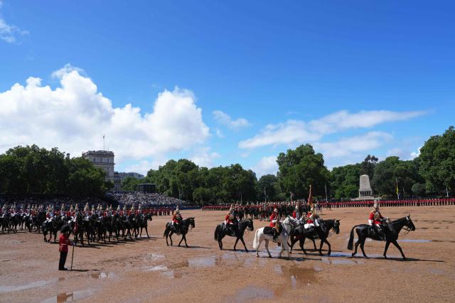 Members of the Household Cavalry take part in the Colonel's Review on Horse Guards Parade in London on June 6, 2026. The Colonel's Review is the final evaluation of the King's birthday parade before it is seen during the Trooping of the Colour on June 13. (Photo by CARLOS JASSO / AFP)