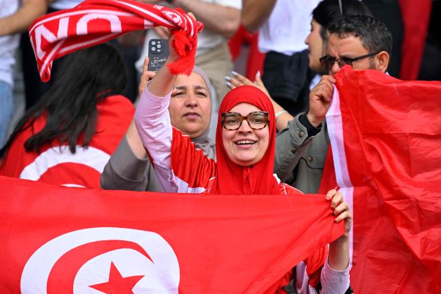 A Tunisian supporter cheerS ahead of the international friendly football match between Belgium and Tunisia at the King Baudouin Stadium in Brussels on June 6, 2026. (Photo by JOHN THYS / AFP)