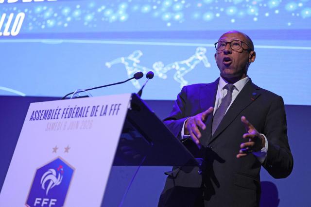 FFF President Philippe Diallo delivers a speech during a press conference after the French Footbal Federation (FFF) general meeting at the Fesch Museum in Ajaccio, on the French Mediterranean island of Corsica, on June 6, 2026. (Photo by Pascal POCHARD-CASABIANCA / AFP)