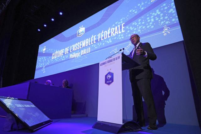 FFF President Philippe Diallo delivers a speech during a press conference after the French Footbal Federation (FFF) general meeting at the Fesch Museum in Ajaccio, on the French Mediterranean island of Corsica, on June 6, 2026. (Photo by Pascal POCHARD-CASABIANCA / AFP)