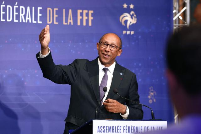 FFF President Philippe Diallo answers journalists' questions during a press conference after the French Footbal Federation (FFF) general meeting at the Fesch Museum in Ajaccio, on the French Mediterranean island of Corsica, on June 6, 2026. (Photo by Pascal POCHARD-CASABIANCA / AFP)