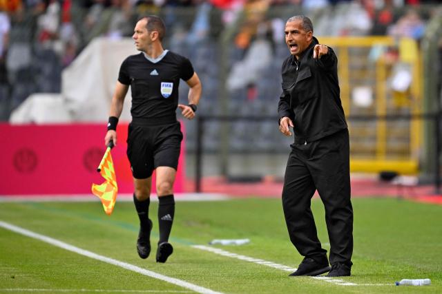 Tunisia head coach Sabri Lamouchi (R) gestures during the international friendly football match between Belgium and Tunisia at the King Baudouin Stadium in Brussels on June 6, 2026. (Photo by JOHN THYS / AFP)