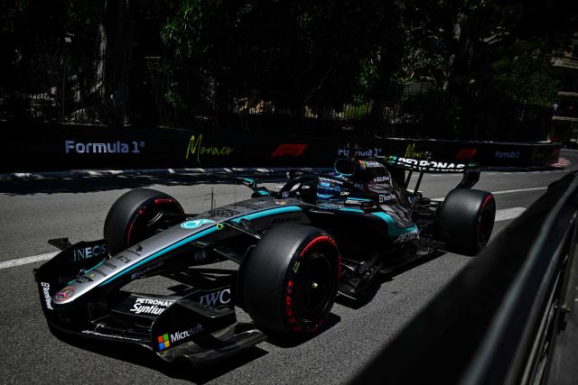Mercedes' British driver George Russell takes part in the third practice session at the Monaco street circuit in Monaco, ahead of the Monaco Formula 1 Grand Prix, on June 6, 2026. (Photo by Andrej ISAKOVIC / AFP)