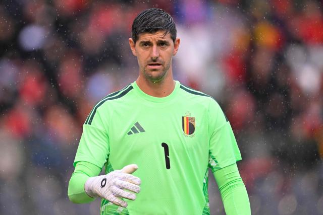 Belgium's goalkeeper #01 Thibaut Courtois gestures during the international friendly football match between Belgium and Tunisia at the King Baudouin Stadium in Brussels on June 6, 2026. (Photo by JOHN THYS / AFP)