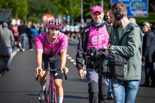Britain's Noah Hobbs of EF Education-EasyPost (L) reacts after winning the 'Heistse Pijl' cycling race in Heist-Op-Den-Berg on June 6, 2026. (Photo by DAVID PINTENS / Belga / AFP) / Belgium OUT