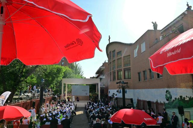 Pope Leo XIV delivers a speech during his visit to Caritas charity's centre for homeless people “Cedia 24 horas” in Lucero neighbourhood in Madrid, on June 6, 2026. Pope Leo XIV is visiting Spain June 6-12 with stops in Madrid, Barcelona, and the Canary Islands, where he will meet with migrants and organisations dedicated to helping them. (Photo by Stefano RELLANDINI / AFP)