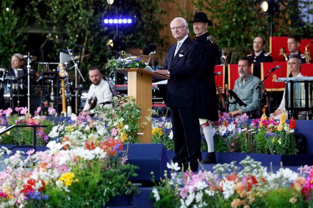 King Carl XVI Gustaf of Sweden delivers a speech during National Day celebrations at Skansen open-air museum in Stockholm, Sweden on June 6, 2026. (Photo by Stefan JERREVANG / TT News Agency / AFP) / Sweden OUT