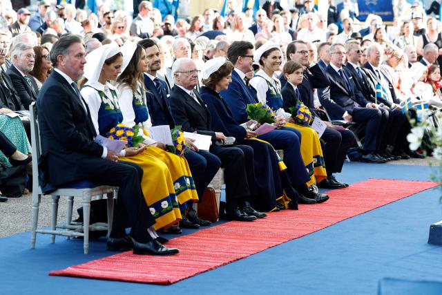 (LtoR) Christopher O'Neill, Princess Madeleine of Sweden, Princess Sofia of Sweden,  Prince Carl Philip of Sweden, King Carl XVI Gustaf of Sweden, Queen Silvia of Sweden, Speaker of the Riksdag Andreas Norlen, Crown Princess Victoria of Sweden, Prince Oscar and Crown Prince Daniel of Sweden attend National Day celebrations at Skansen open-air museum in Stockholm, Sweden on June 6, 2026. (Photo by Stefan JERREVANG / TT News Agency / AFP) / Sweden OUT