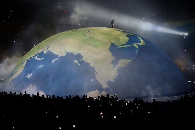 US rapper Ye performs on stage at the GelreDome venue in Arnhem, eastern Netherlands on June 6, 2026. Ye, formarly known as Kanye West, has sparked controversy with statements and songs glorifying Adolf Hitler as well as antisemitic diatribes, which he blamed on his bipolar disorder. The scandal has led to the cancellation of a string of concerts. (Photo by Ramon VAN FLYMEN / ANP / AFP) / Netherlands OUT